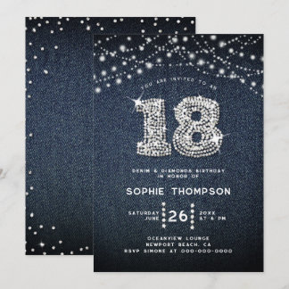 Denim Diamonds Rhinestones Elegant 18. Geburtstag Einladung