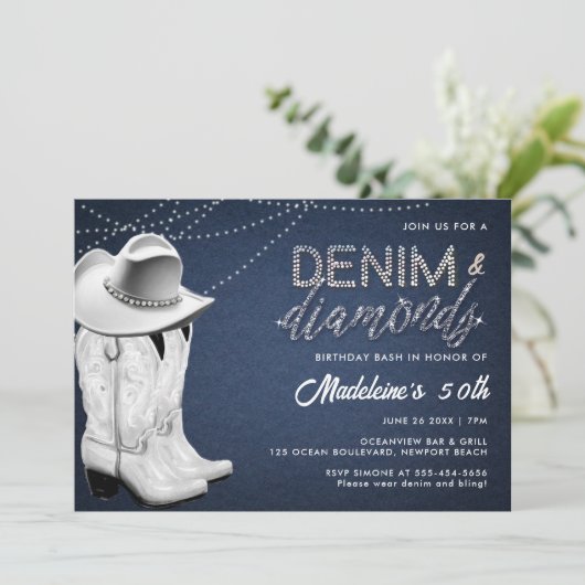 Denim Diamonds Rustic Glam Hat stimuliert 50. Gebu Einladung (Stehend Vorderseite)