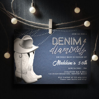 Denim Diamonds Rustic Glam Hat stimuliert 50. Gebu Einladung