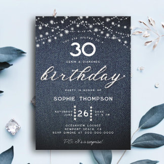 Denim Diamonds Rustic Lights 30. Geburtstag Party Einladung