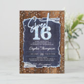 Denim Diamonds Rustic Wood Elegant Photo Sweet 16 Einladung (Stehend Vorderseite)