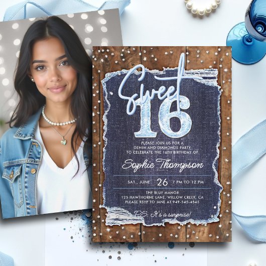 Denim Diamonds Rustic Wood Elegant Photo Sweet 16 Einladung