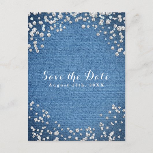 Denim & Diamonds Scattered Bling Save the Date Ankündigungspostkarte (Vorderseite)