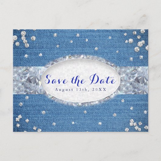 Denim & Diamonds Scattered Bling Save the Date Ankündigungspostkarte (Vorderseite)