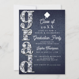 Denim Diamonds Script Blue Jeans Graduation Party Einladung
