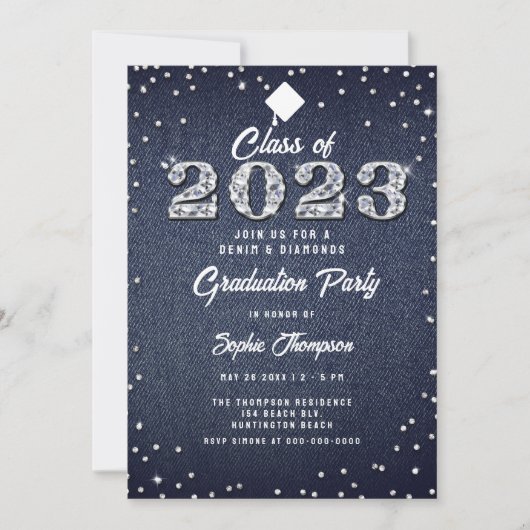 Denim Diamonds Script Indigo 2023 Graduation Party Einladung (Vorderseite)