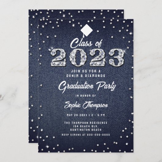 Denim Diamonds Script Indigo 2023 Graduation Party Einladung (Vorne/Hinten)