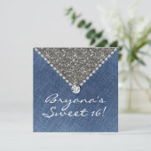 Denim Diamonds Silver Glitzer Sweet 16 Einladung (Stehend Vorderseite)
