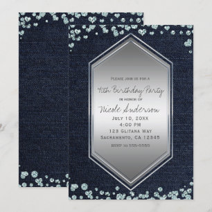 Denim Diamonds Silver Hört Geburtstagsfeier Einladung