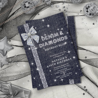 Denim & Diamonds Sparkling Navy Bow Birthday Party Einladung