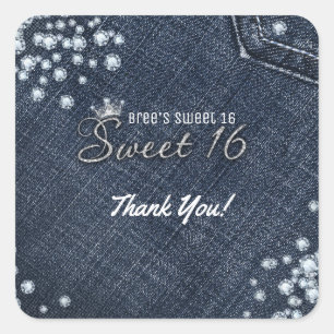 Denim & Diamonds Sweet 16 Kronen-Partygeschenk Quadratischer Aufkleber