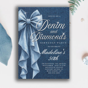Denim Diamonds Weiß Blau Schleife Glam 50. Geburts Einladung