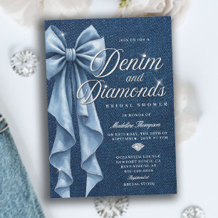 Denim Diamonds Weiß Blaue Schleife Glamour Brautpa Einladung