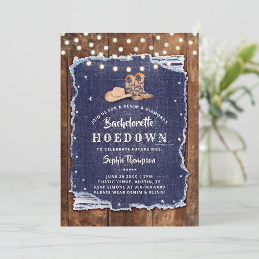 Denim Diamonds Western Rustic Hoedown Bachelorette Einladung (Stehend Vorderseite)