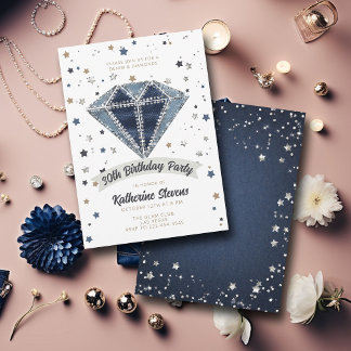 Denim Diamonds White Blue Glitzer 30. Geburtstag Einladung