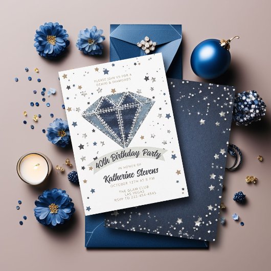 Denim Diamonds White Blue Glitzer 40. Geburtstag Einladung
