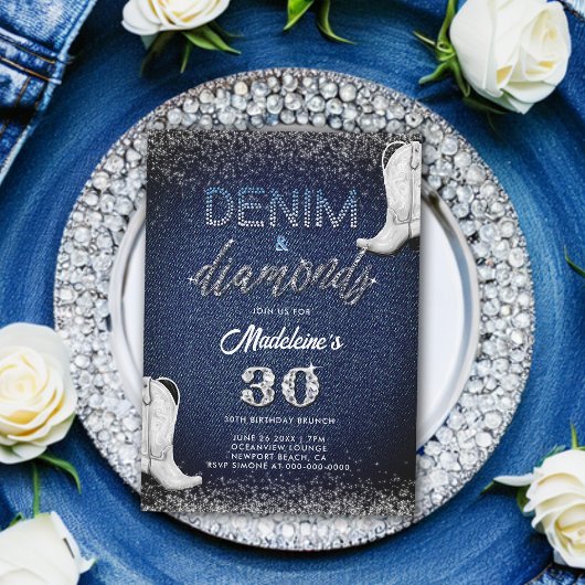 Denim Diamonds White Boots Brunch 30. Geburtstag Einladung
