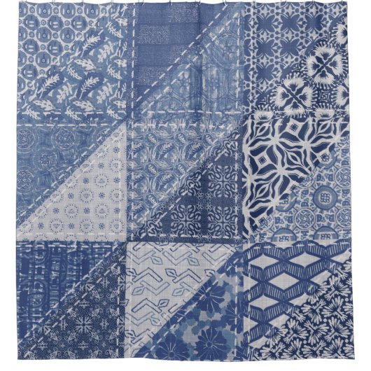 Denim-Dreieck-Patchwork-Vintage-Textur. Duschvorhang (Vorderseite)