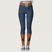 Denim-Druck-Leggings Gurt und CowboystiefelBronc