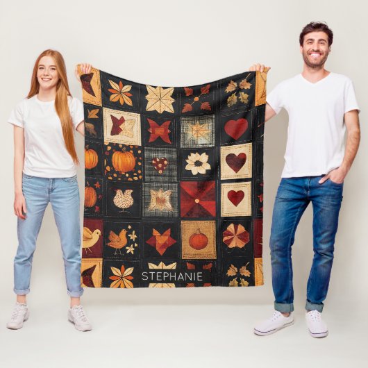 Denim Folk Art Quilt Muster | Rustikales Herbstpfl Fleecedecke (Beispiel)