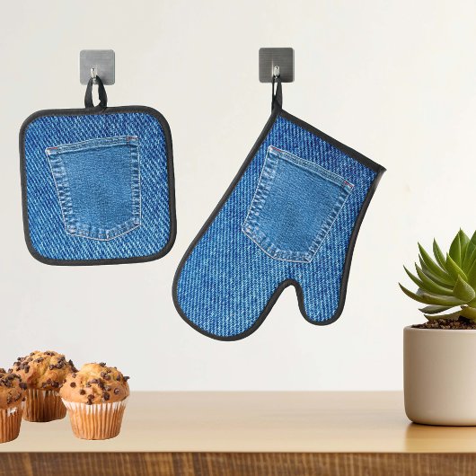 Denim Fun Pocket Jeans Look Ofenhandschuh & Topflappen-Set
