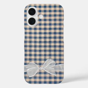Denim Gingham mit weißem Bow iPhone 16 Hülle