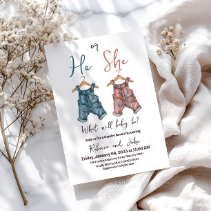 Denim He or She Clothesline Gender Reveal Party Einladung