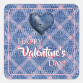 Denim Heart Valentine's Day Décor Plaid Quadratischer Aufkleber (Vorderseite)