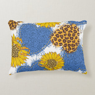 Denim Hearts Leopard Sunflowers Muster Dekokissen