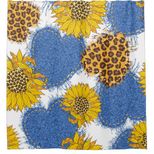 Denim Hearts Leopard Sunflowers Muster Duschvorhang