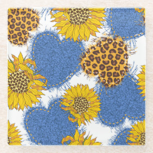 Denim Hearts Leopard Sunflowers Muster Glasuntersetzer