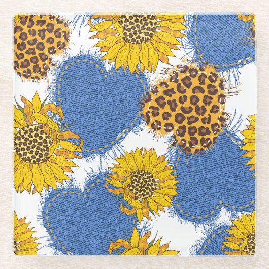 Denim Hearts Leopard Sunflowers Muster Glasuntersetzer (Vorderseite)