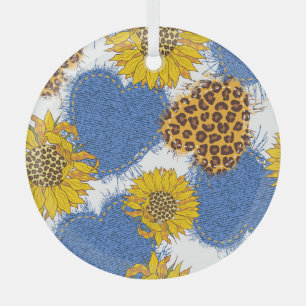 Denim Hearts Leopard Sunflowers Muster Ornament Aus Glas