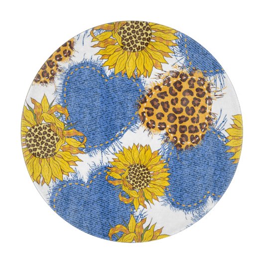 Denim Hearts Leopard Sunflowers Muster Schneidebrett (Vorderseite)