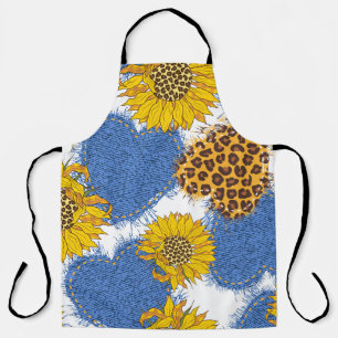 Denim Hearts Leopard Sunflowers Muster Schürze