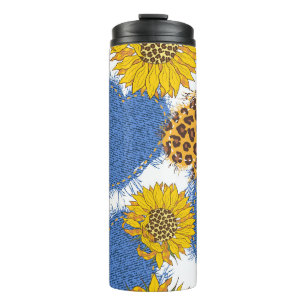 Denim Hearts Leopard Sunflowers Muster Thermosbecher