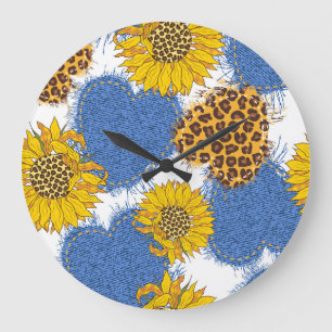 Denim-Herzen Leoparden-Sonnenblumen-Muster Große Wanduhr