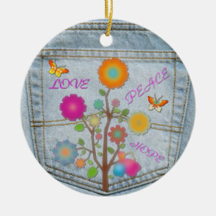 Denim-Hintertaschen-Blumen-Frieden-Liebe-Hoffnung- Keramik Ornament