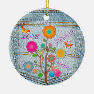 Denim-Hintertaschen-Blumen Frieden Liebe Hoffnung Keramikornament