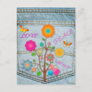 Denim-Hintertaschen-Blumen Frieden Liebe Hoffnung Postkarte