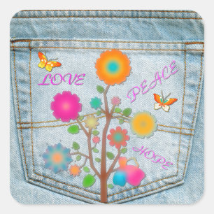 Denim-Hintertaschen-Blumen Frieden Liebe Hoffnung Quadratischer Aufkleber