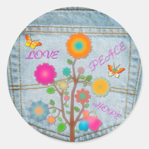 Denim-Hintertaschen-Blumen Frieden Liebe Hoffnung Runder Aufkleber