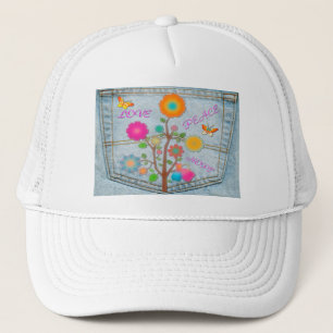 Denim-Hintertaschen-Blumen Frieden Liebe Hoffnung Truckerkappe