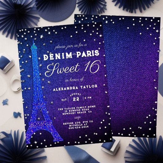 Denim in Paris Glitzer Elegant Lila Sweet 16 Einladung