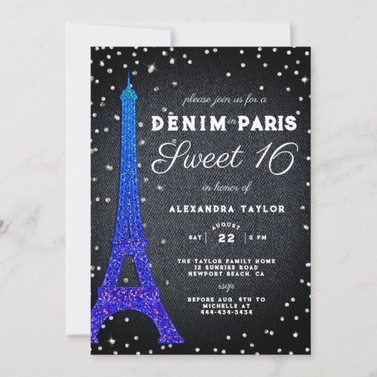 Denim in Paris Glitzer Minimalistisch Rustikale Sü Einladung (Vorderseite)