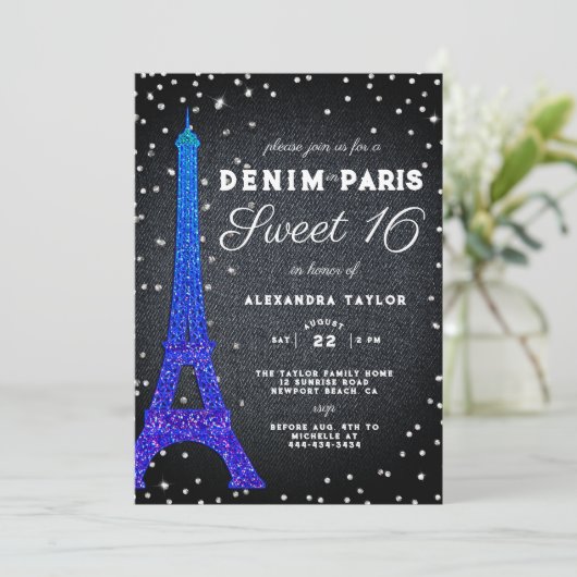 Denim in Paris Glitzer Minimalistisch Rustikale Sü Einladung (Stehend Vorderseite)