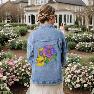 Denim Jacket With Abstract Skull and Flower Art Jeansjacke