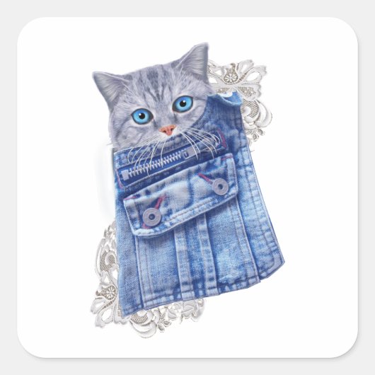 Denim Jean-Taschen, Kätzchen und Spitzen Quadratischer Aufkleber (Vorderseite)
