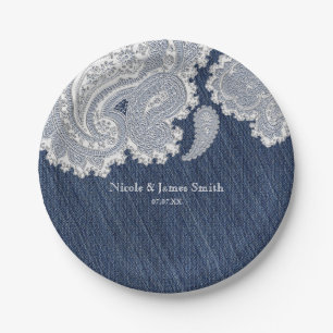 Denim Jean & White Lace Elegante Hochzeitskleidung Pappteller