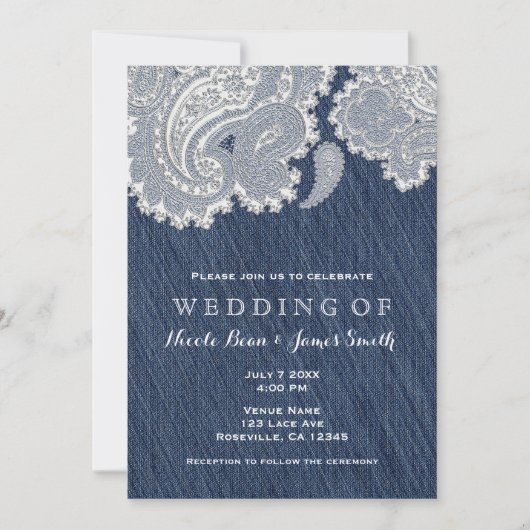 Denim Jean & White Lace Hochzeitseinladungen Einladung (Vorderseite)